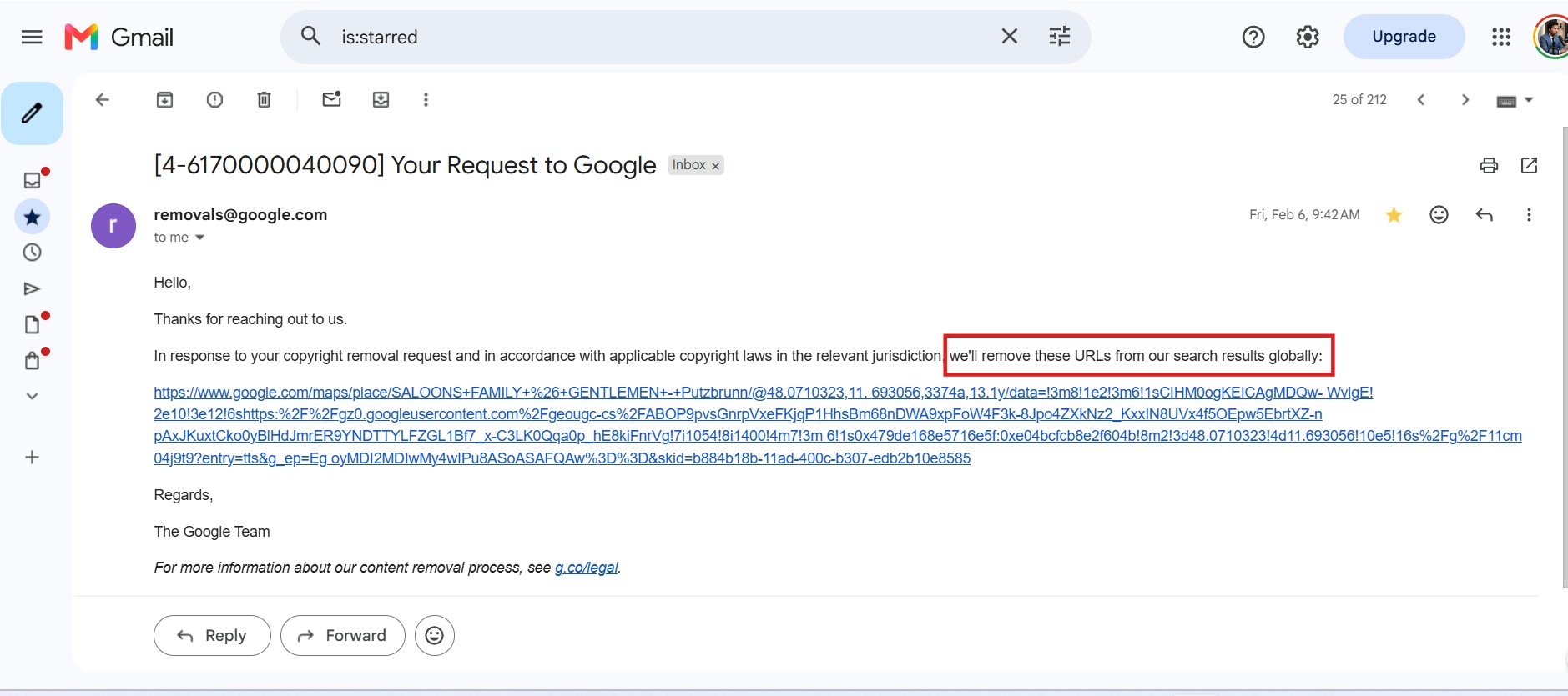 Email from removals@google.com confirming that, in response to a copyright removal request and in accordance with applicable law, the listed Google Maps URLs will be removed from search results globally