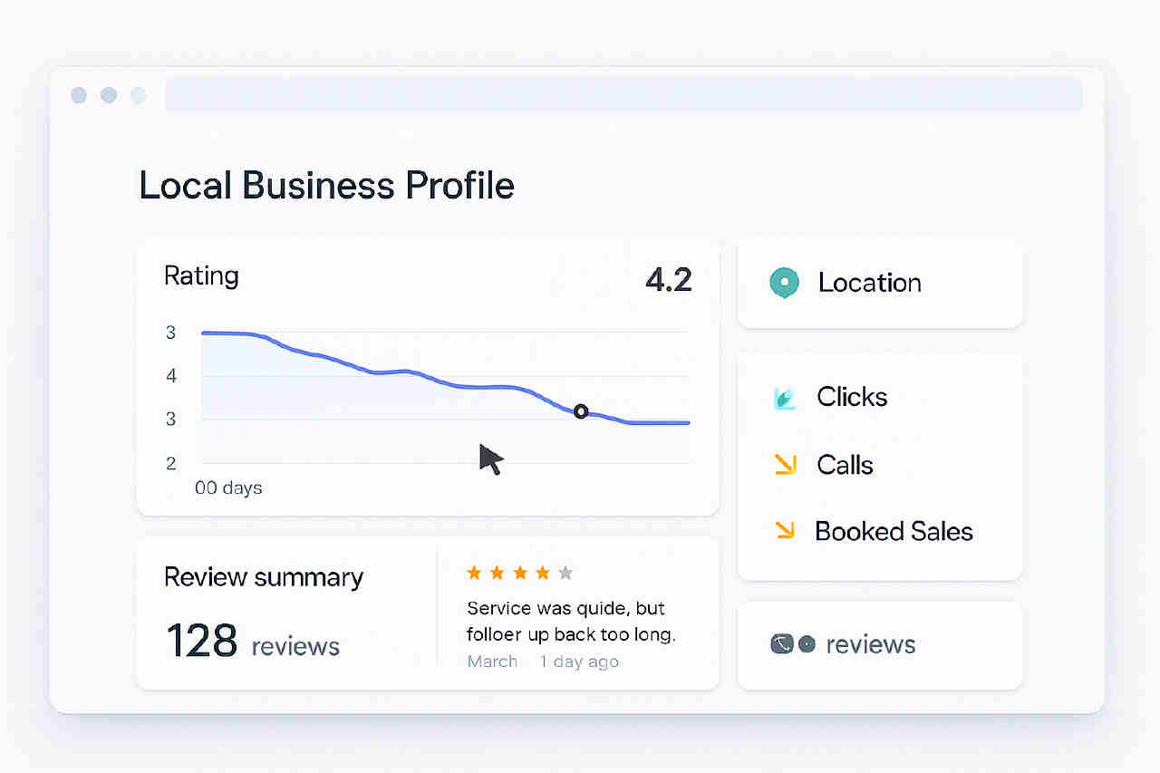 Dashboard for rating shifts showing trendline, review count, and drops in clicks, calls, and booked sales