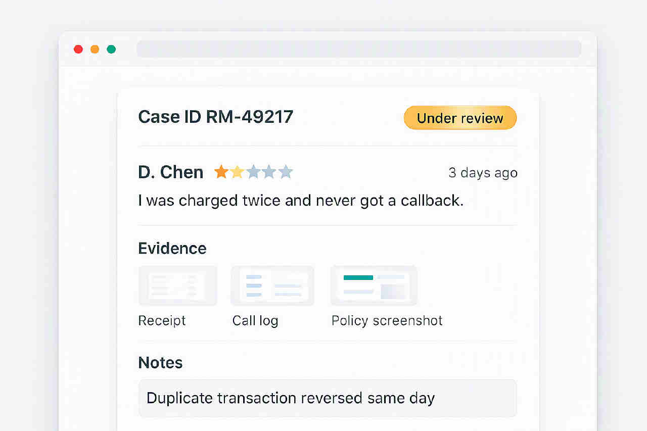 Support ticket for flag, dispute, or suppress harmful reviews with case ID, status badge, and evidence files