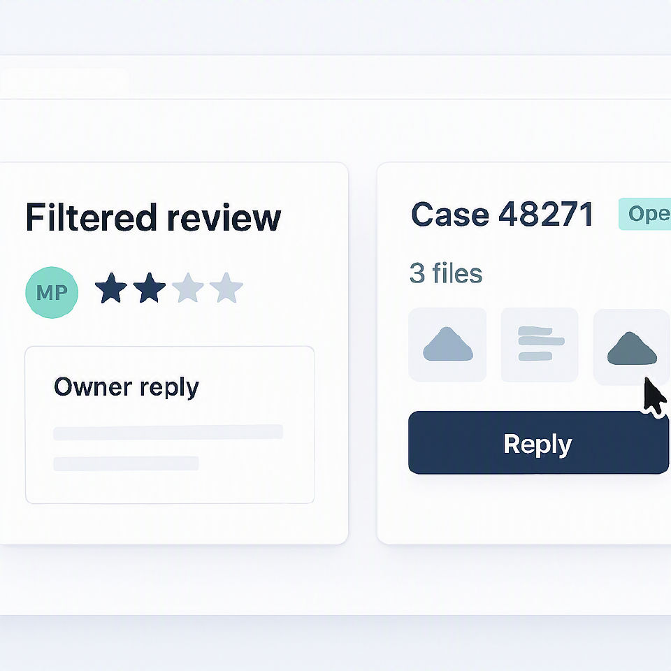 Support ticket UI for what Google allows, filters and removes, with filtered review card and evidence files