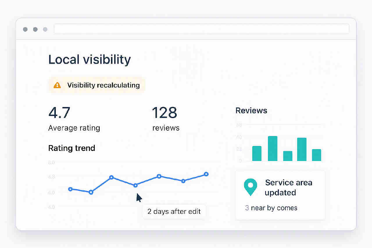 Dashboard for how the switch can affect visibility in Maps and the local pack, with trendline and location pin card
