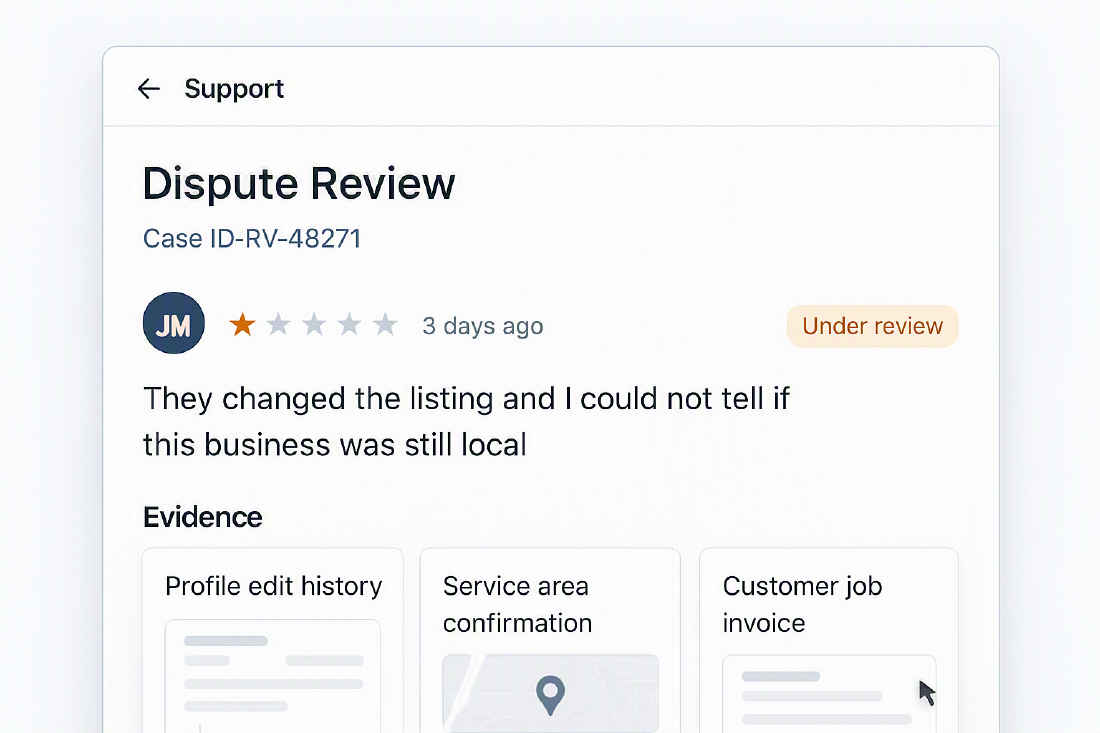 Support ticket for what to do if a bad review appears during or after the switch, showing case status and evidence files