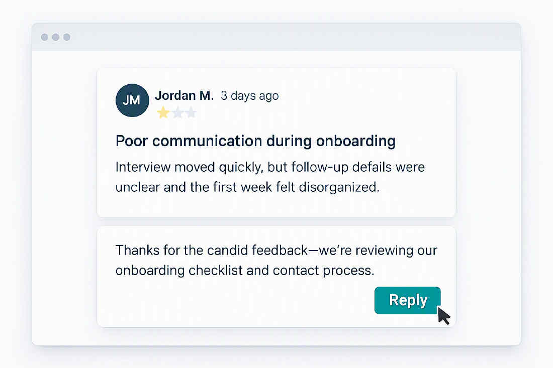 Negative Indeed review response interface with 2-star review, reviewer details, and employer reply box
