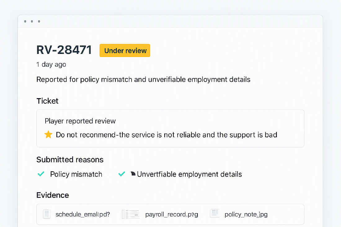 Reported review support ticket showing case status, flagged review summary, and evidence attachments