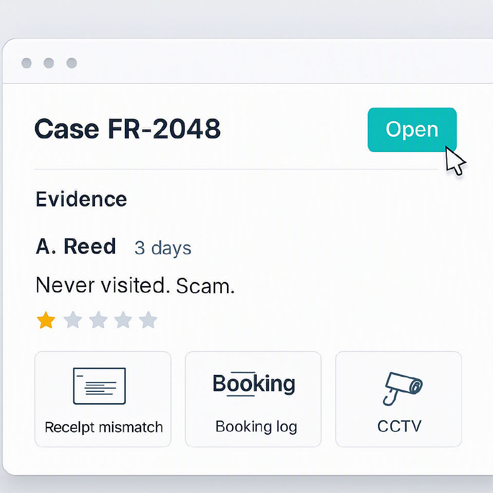 Support ticket for fake review evidence with case ID, 1-star review, and attachment thumbnails