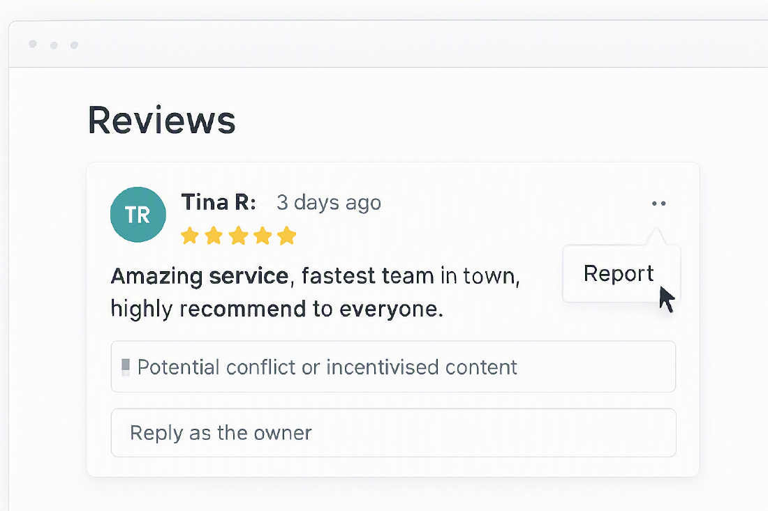 Review policy panel showing a flagged 5-star review card and owner reply box