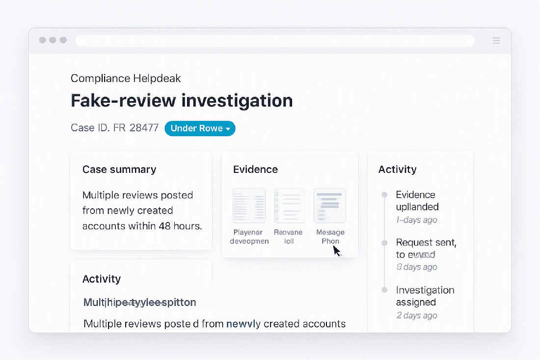 Fake-review case support ticket with status badge, evidence files and timeline