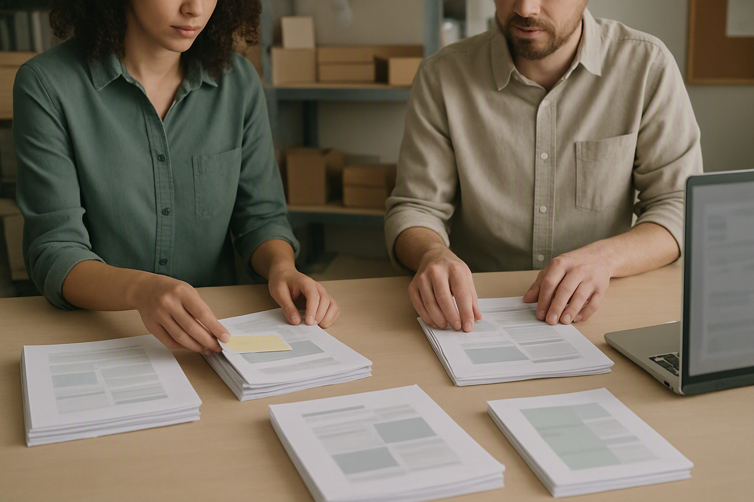 Business owner and marketer sorting printed posts into action piles beside a laptop in a back office