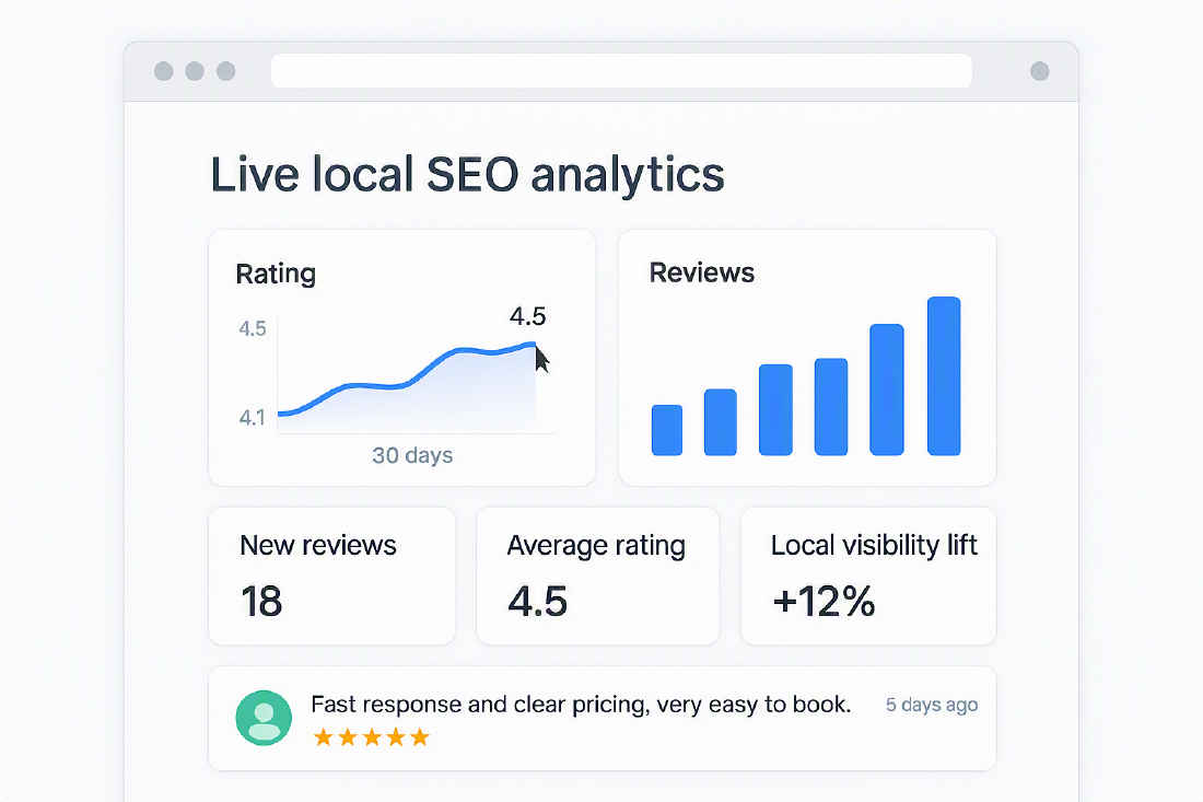Review dashboard showing whether reviews help rankings with trendlines, review count graph, and location card
