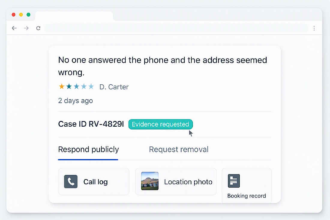 Support ticket for bad review removal case with case ID, status badge, and evidence attachments