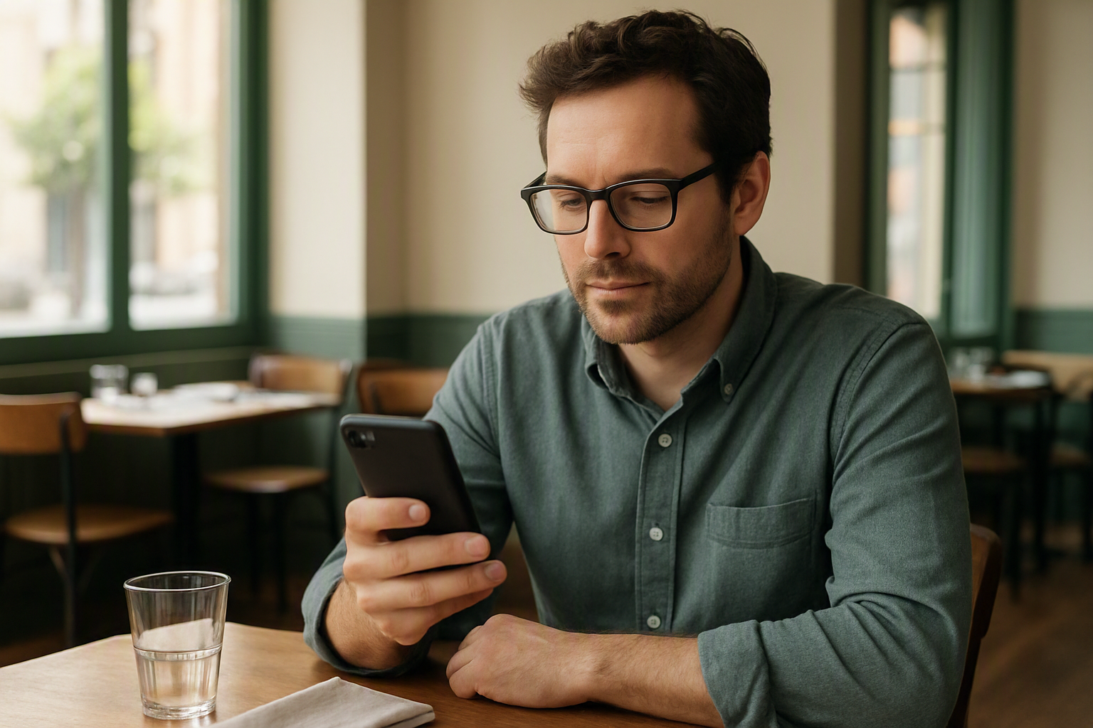 Café owner checking customer feedback on a phone between service periods