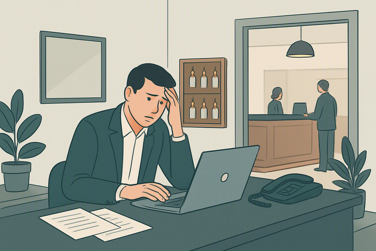 Hotel manager reviewing property details on a laptop in a back office near reception