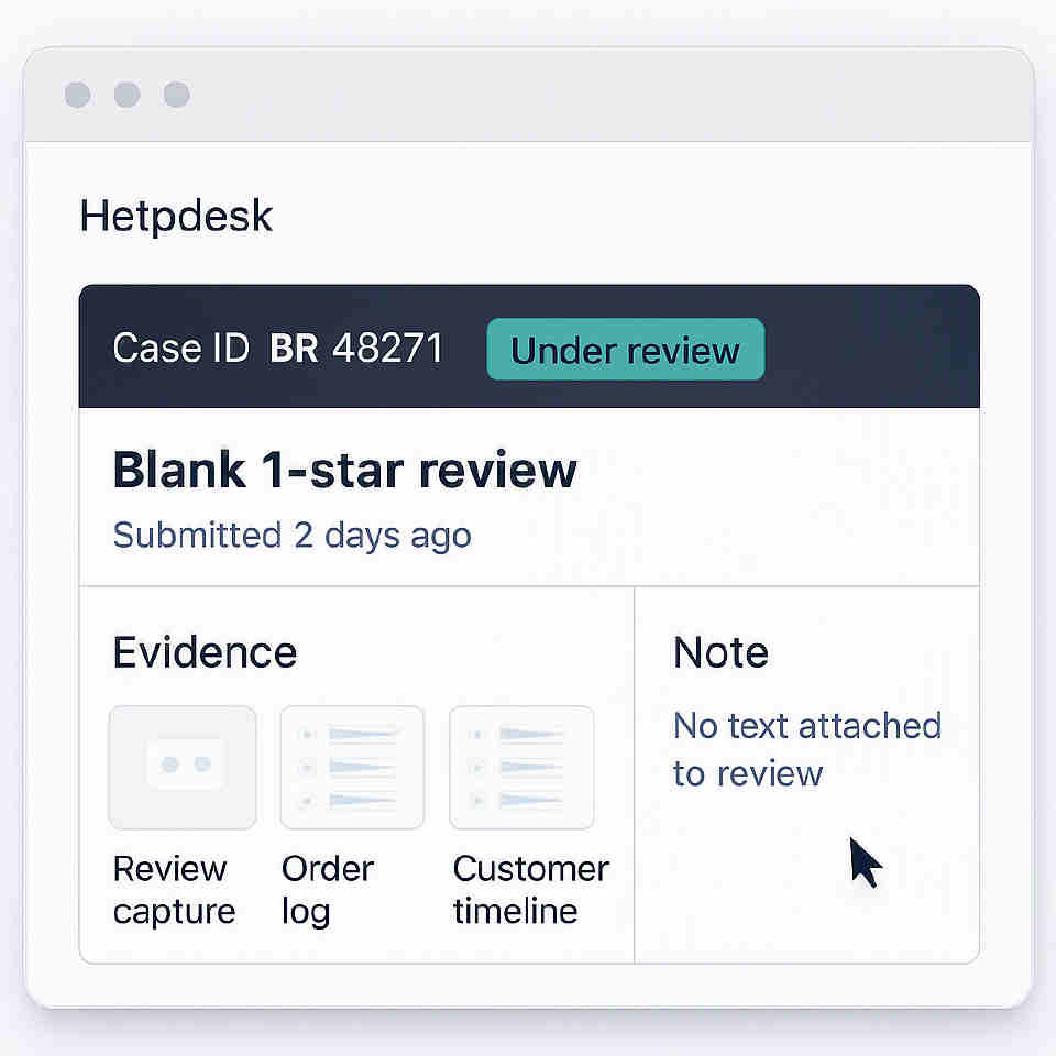 Support ticket for blank-review evidence with case ID, under-review badge, and attachment thumbnails