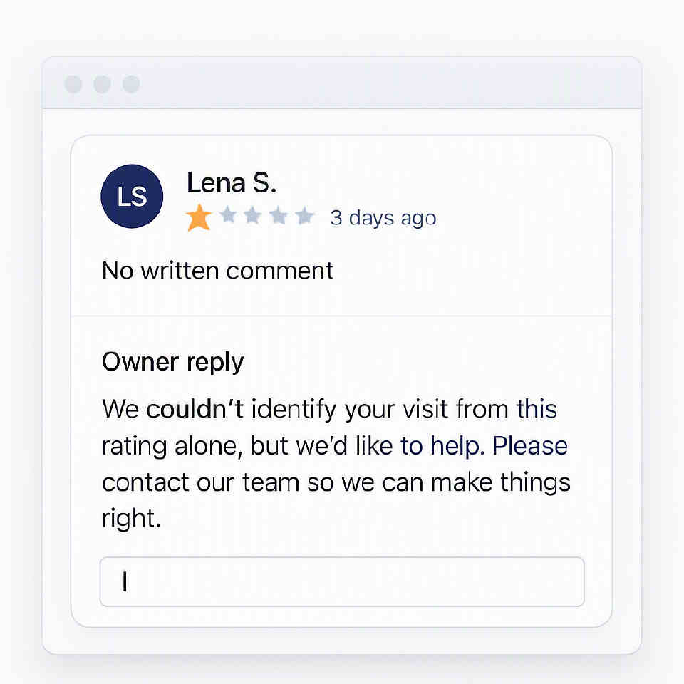 Blank-star review card with no written comment and a drafted public response beneath it