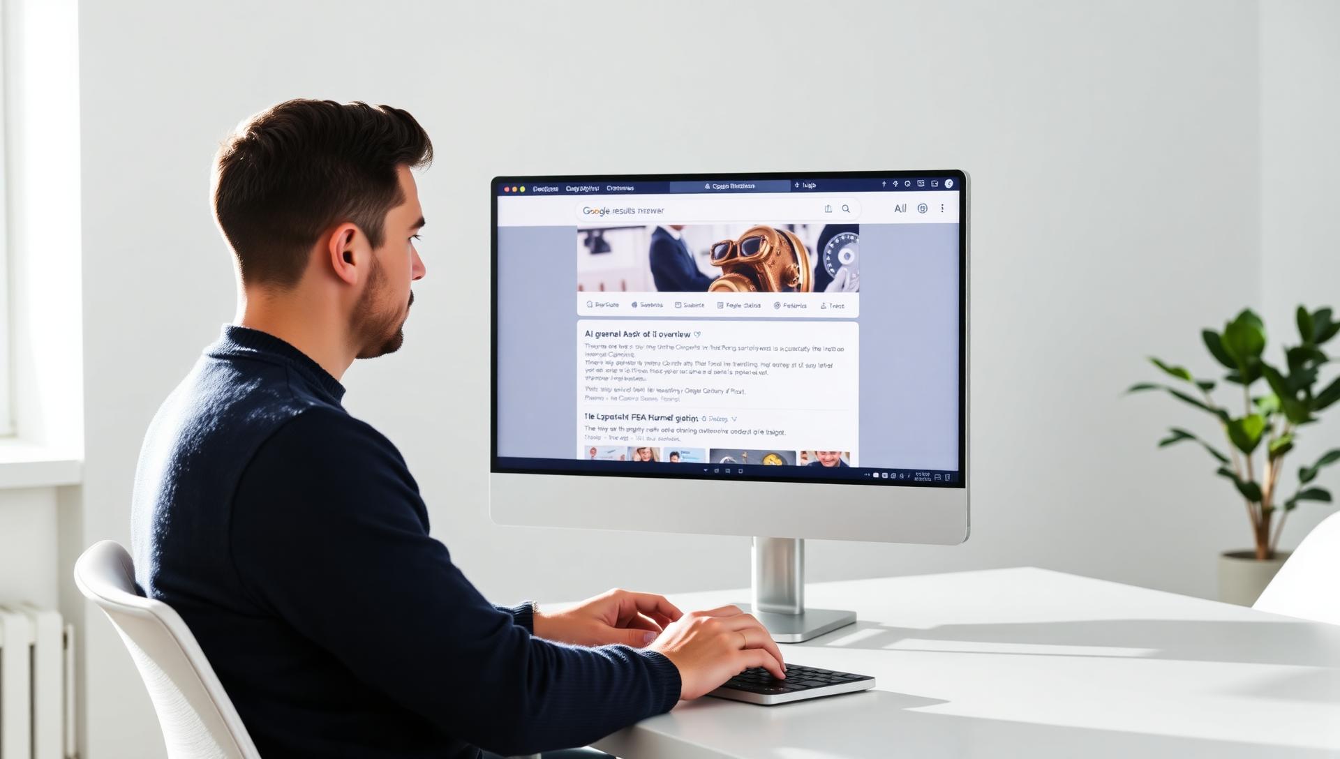 Male digital marketing manager in a navy sweater at a clean desk reviewing a Google-style search results page with a prominent AI overview answer box at the top in a bright modern office