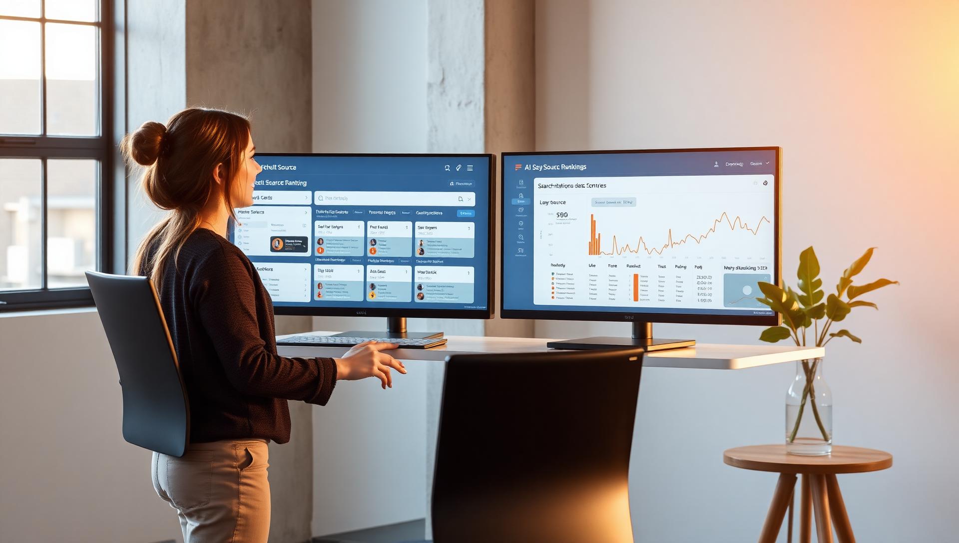 Young woman SEO analyst at a sleek standing desk reviewing AI search ranking dashboards on a large monitor in a modern minimalist office with concrete and oak finishes