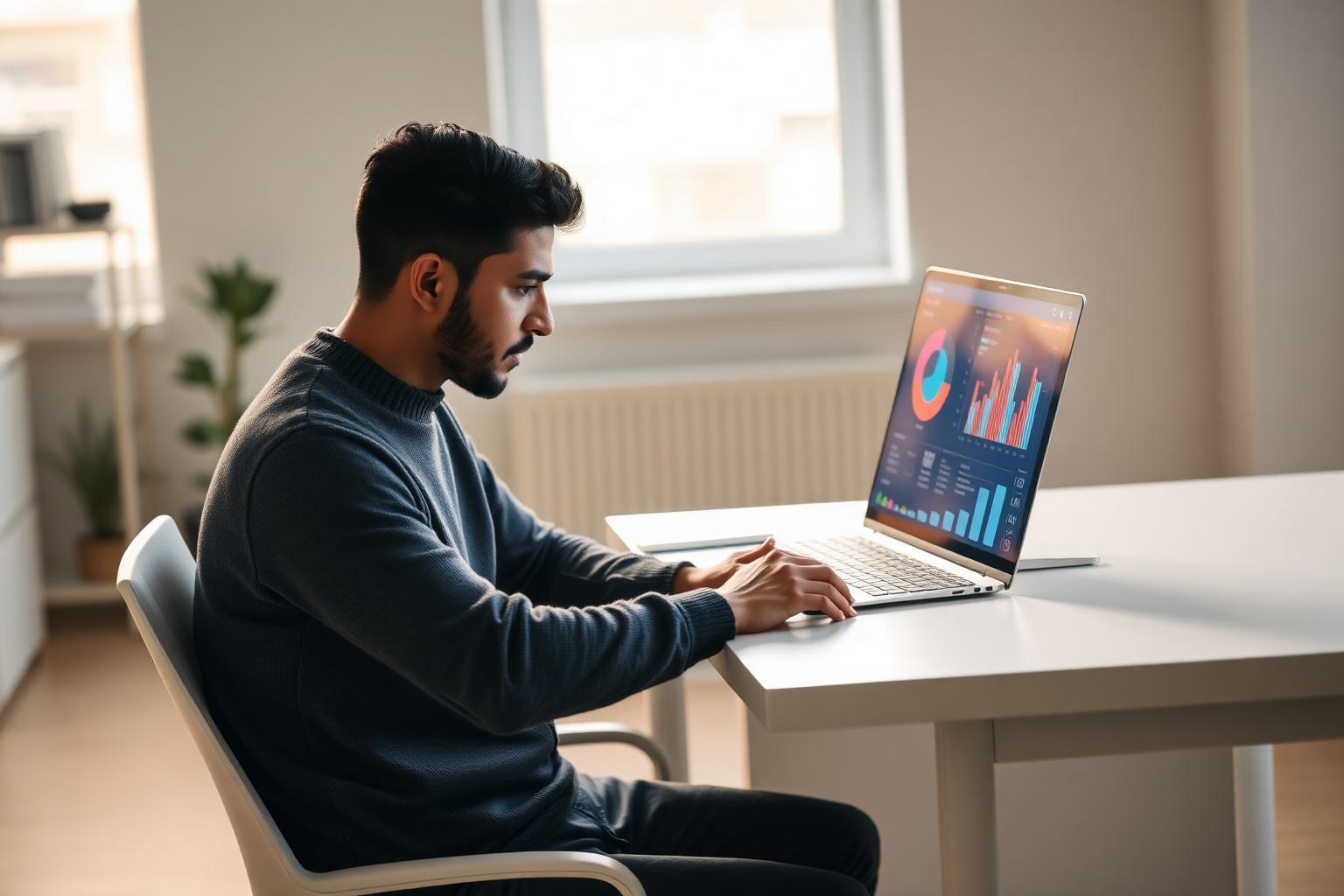 Focused South Asian male marketing analyst in a charcoal sweater at a clean white desk studying a laptop displaying an AI search visibility dashboard with brand share-of-voice charts in soft warm window light