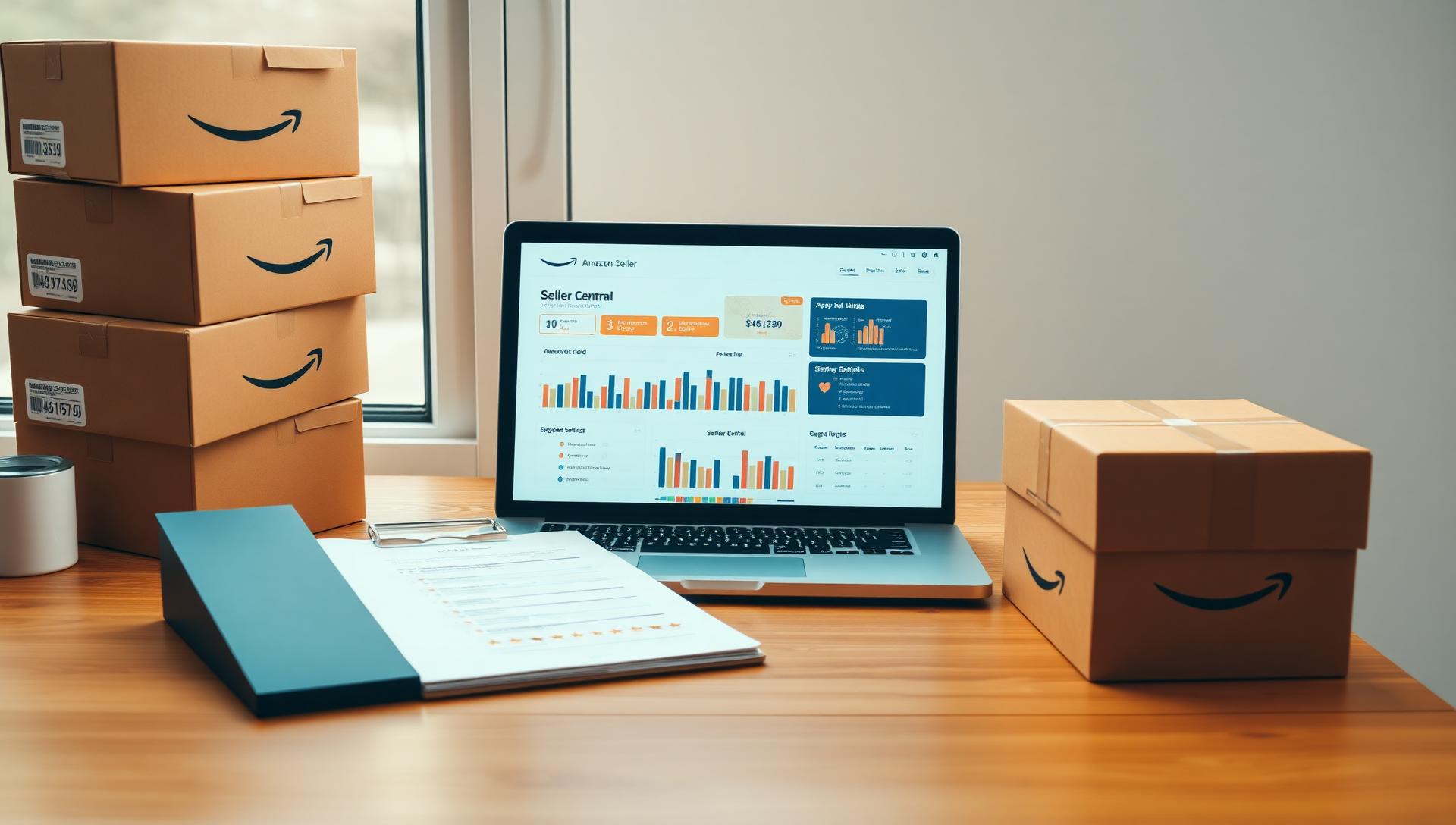 Amazon seller workspace with stacked branded shipping boxes, a laptop showing Seller Central analytics with bar charts, and a clipboard with star ratings on a wooden desk in soft window light
