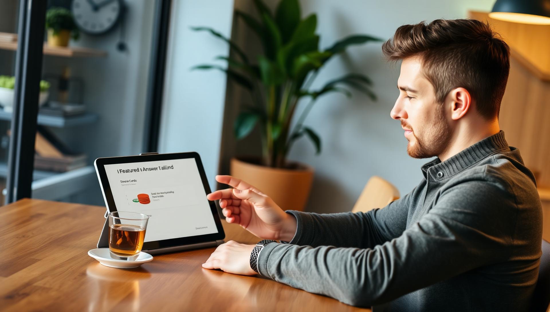 Male SEO consultant at a wooden coworking desk reviewing a tablet displaying a featured answer card and stacked source chips with greenery and warm wood in the background