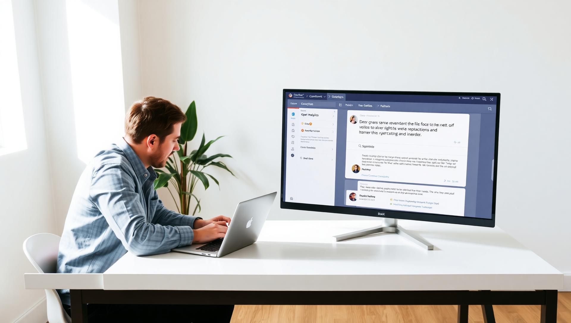 B2B content strategist at a clean white desk reviewing analytics on a laptop next to a large monitor showing a chat-style answer interface with cited source cards in a minimalist office