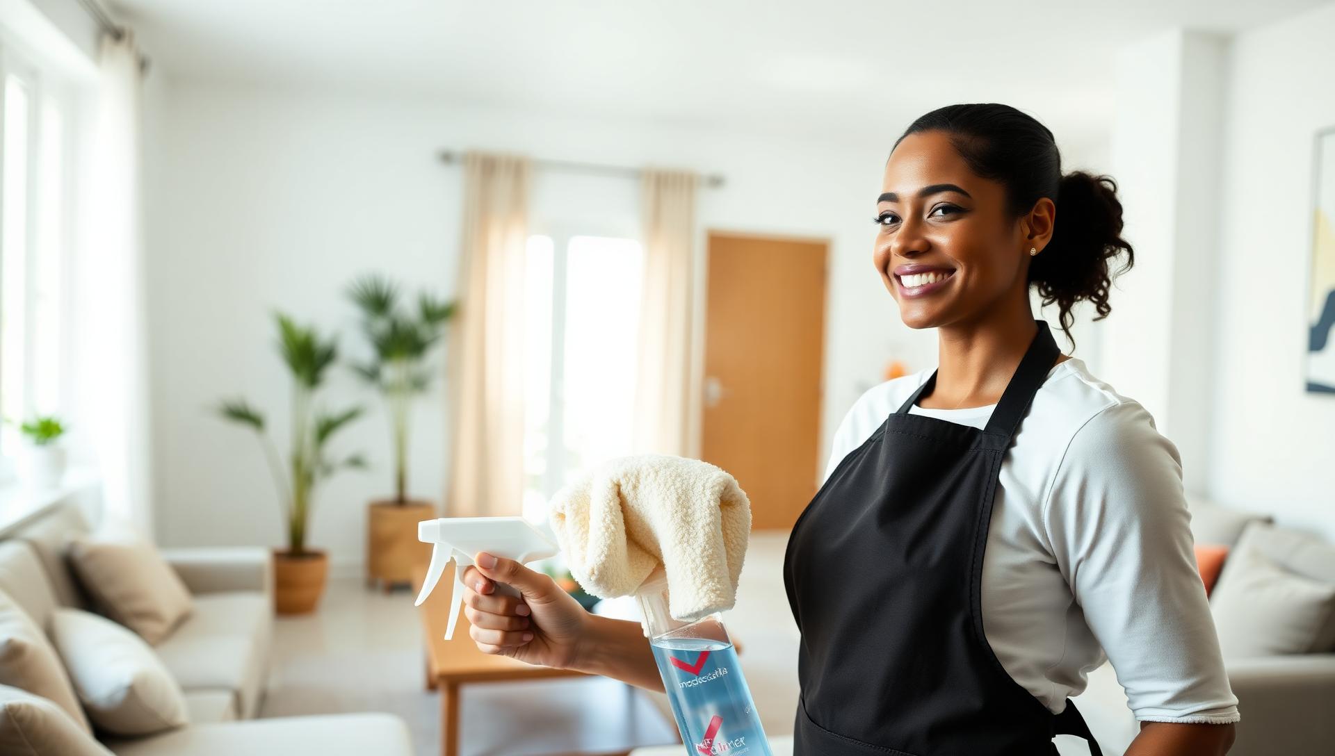 Smiling residential cleaner in branded apron holding a microfiber cloth and spray bottle in a bright modern living room with sparkling clean surfaces and natural daylight