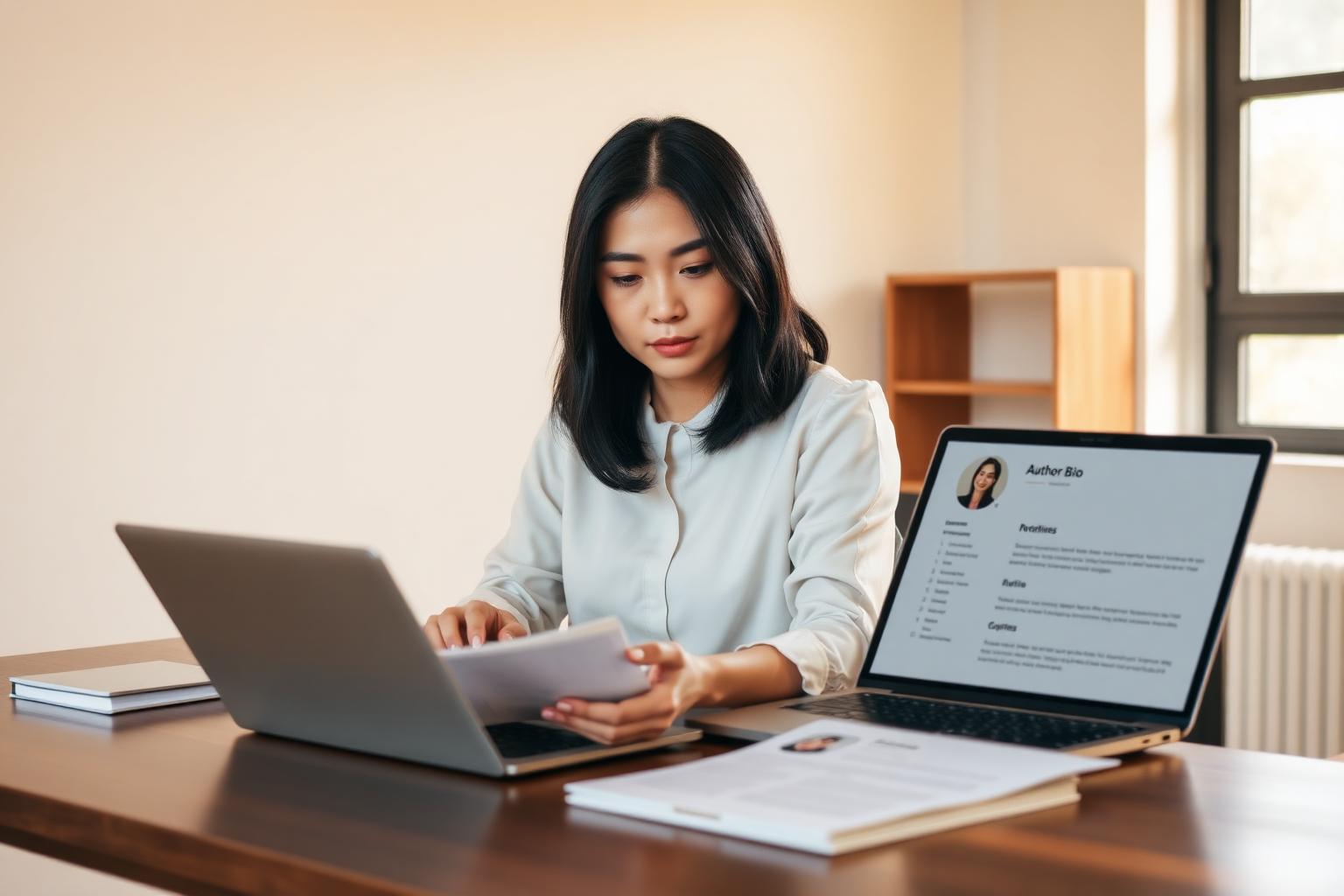 Focused East Asian female content strategist with shoulder-length black hair in a cream blouse at a wooden desk reviewing printed author bio pages and a laptop showing an author profile page with credentials and bylines in soft warm window light