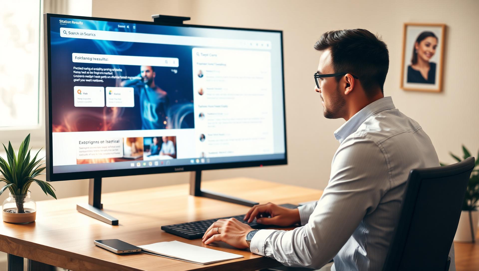 Marketing strategist at a wooden desk reviewing an AI search results interface with citation cards on a large monitor in a bright modern office