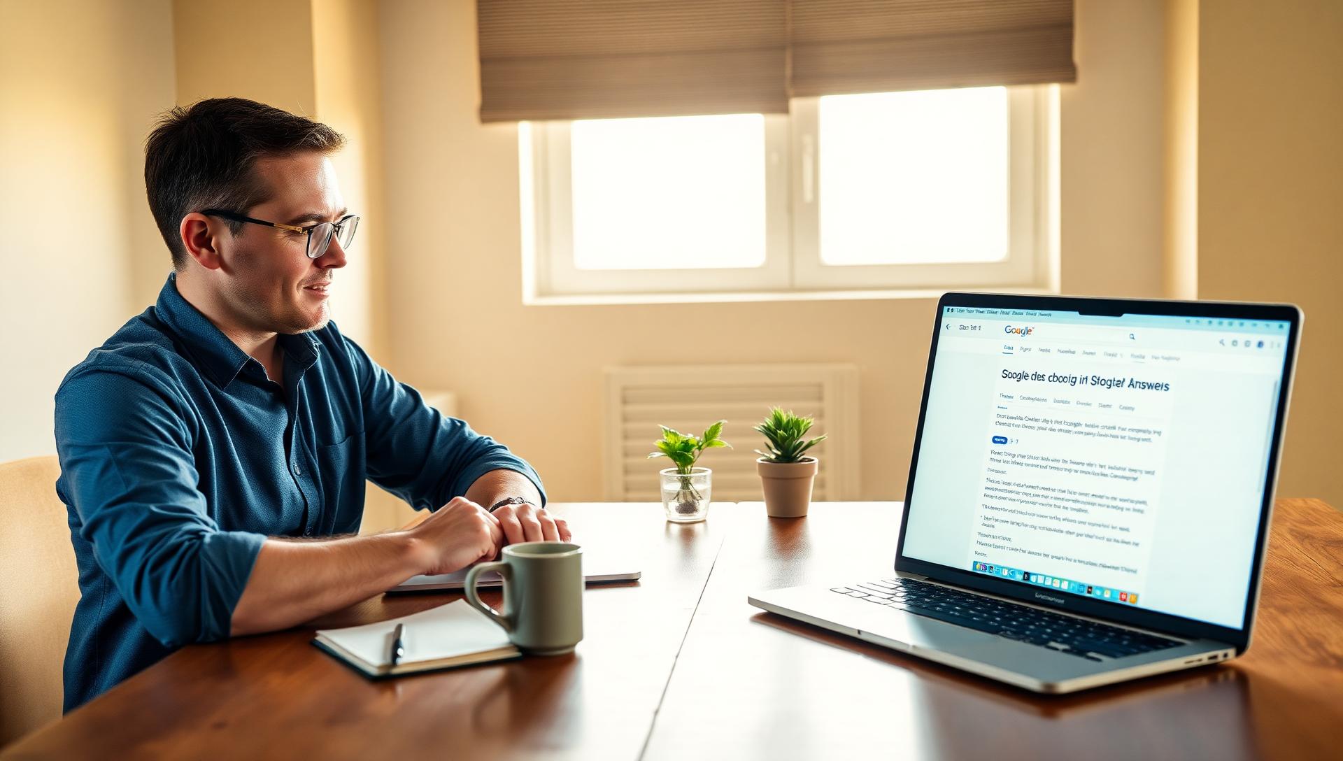 Male SEO strategist comparing two laptops on a wooden desk: a classic Google search results page on one and an AI-generated answer with cited source chips on the other, in soft warm window light