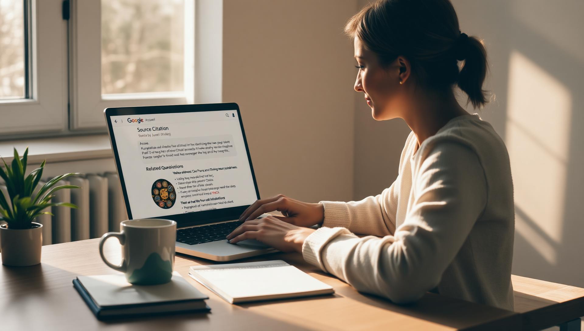 Female SEO researcher at a sunlit modern desk reviewing a laptop showing a Google AI Overview answer with source citation chips and a related-questions panel beside a ceramic mug, notebook and small plant