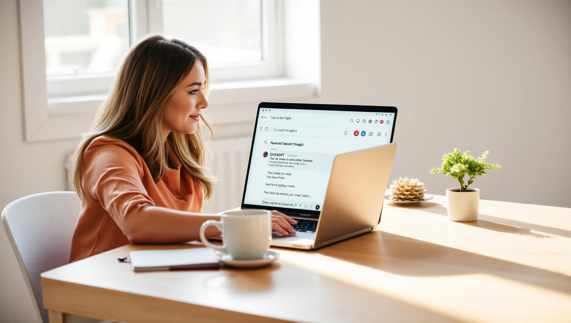 Female content strategist at a sunlit white desk reviewing a laptop showing a ChatGPT search interface with an answer and source citation chips, ceramic mug and a small plant beside the laptop