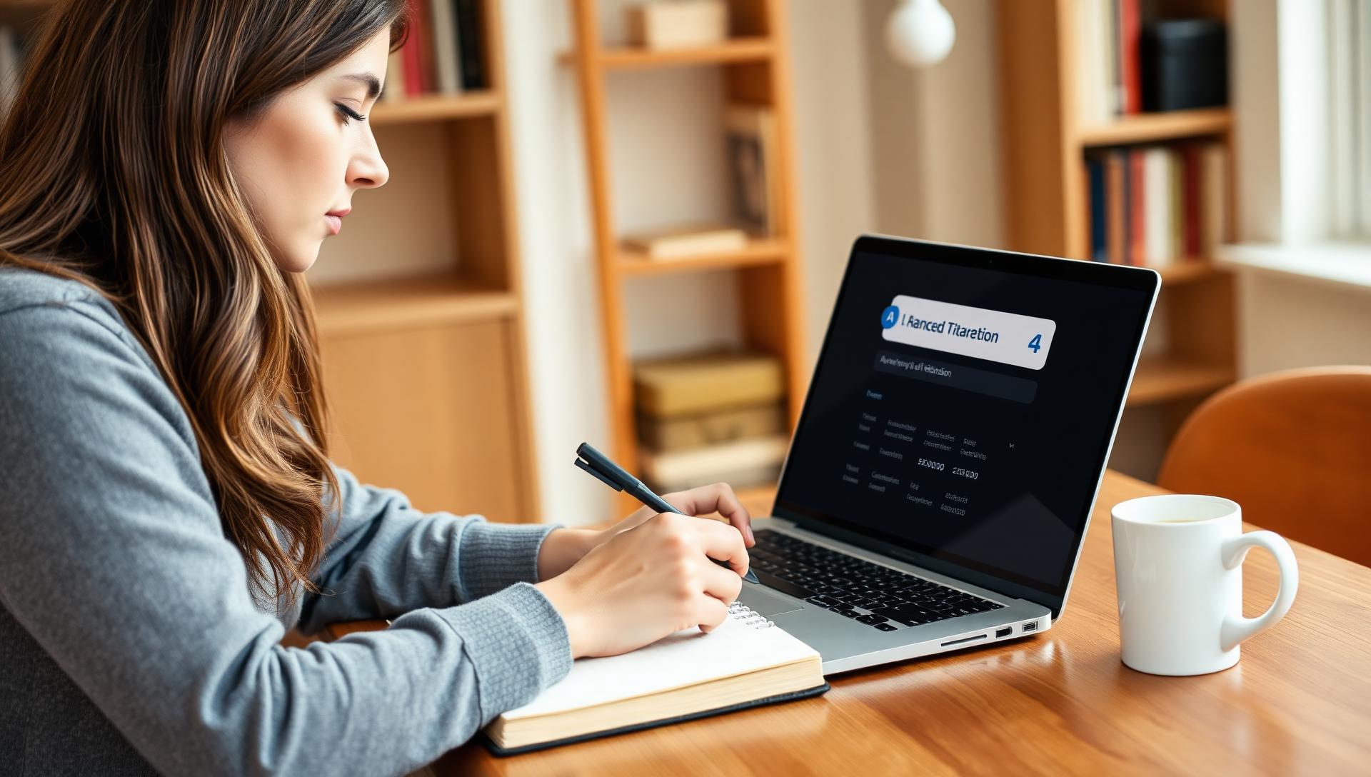 Young female content marketer writing in a notebook beside a laptop showing an abstract AI answer with citation cards in a cozy modern home office