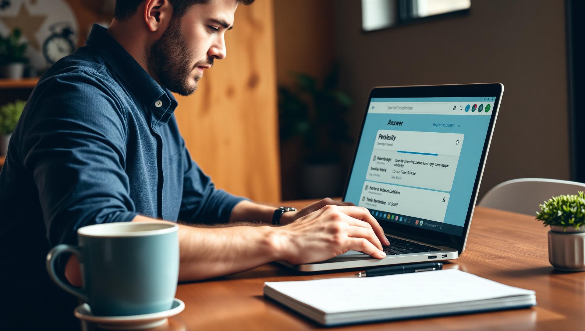 Male SEO consultant at a wooden coworking desk reviewing a laptop showing a Perplexity AI search interface with an answer and numbered source citation chips next to a coffee cup and a small plant