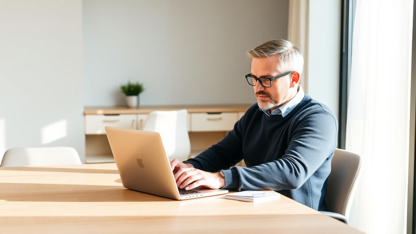 Calm professional white male customer service manager in a navy sweater typing a thoughtful reply to a negative review on a laptop at a clean light wooden desk in a softly lit modern office