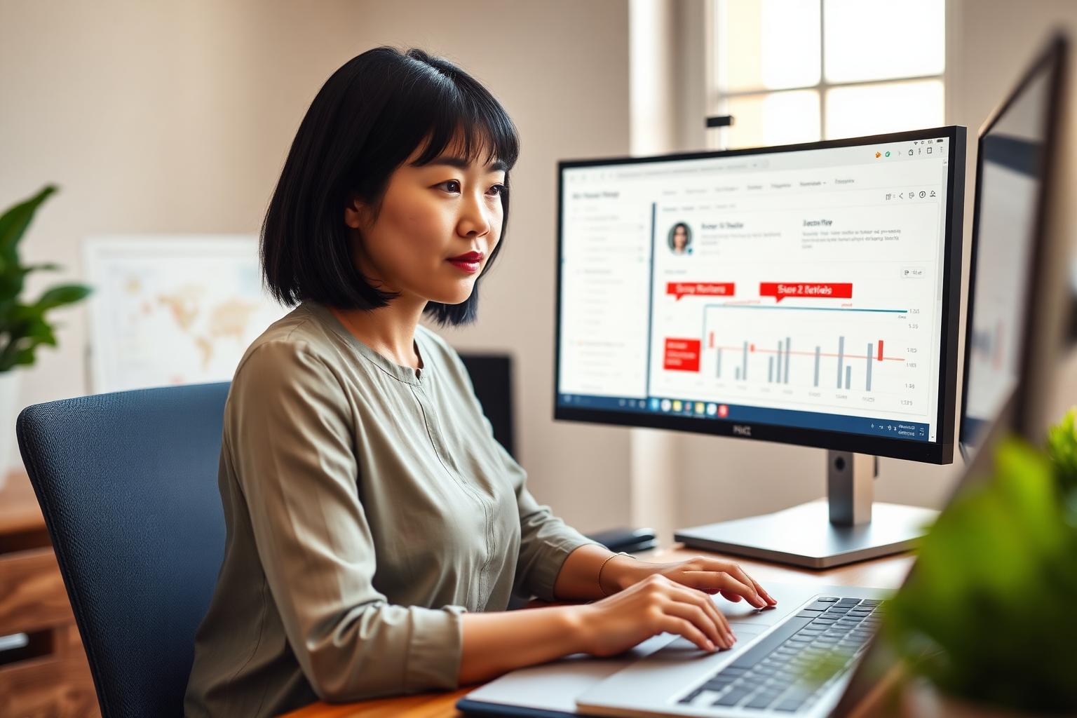 Focused East Asian female review fraud analyst at a desk with two monitors showing a grid of suspicious five-star reviews highlighted with red flags and a reviewer profile timeline graph in soft warm window light