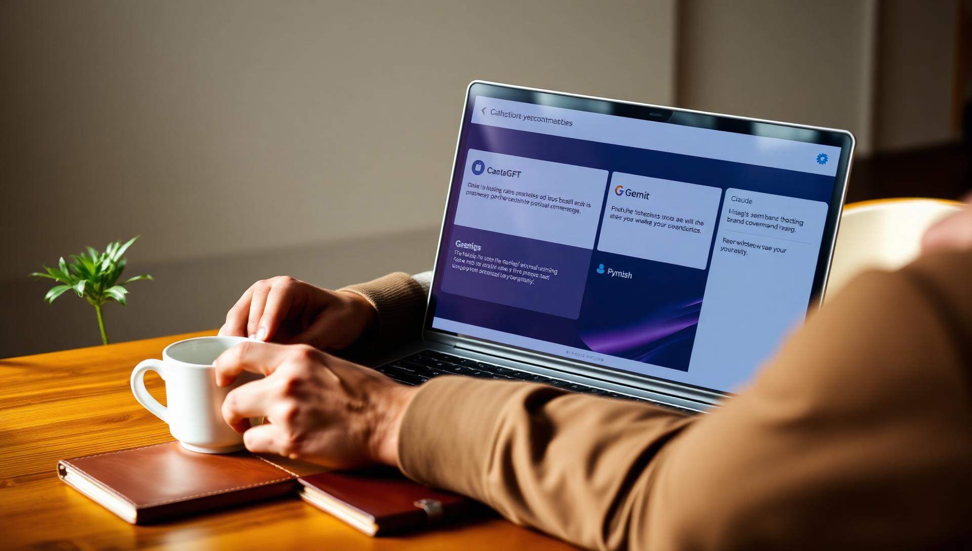 Male brand strategist at a wooden desk reviewing a laptop showing a side-by-side comparison panel of ChatGPT, Gemini and Claude conversational answers with brand recommendations in soft warm light