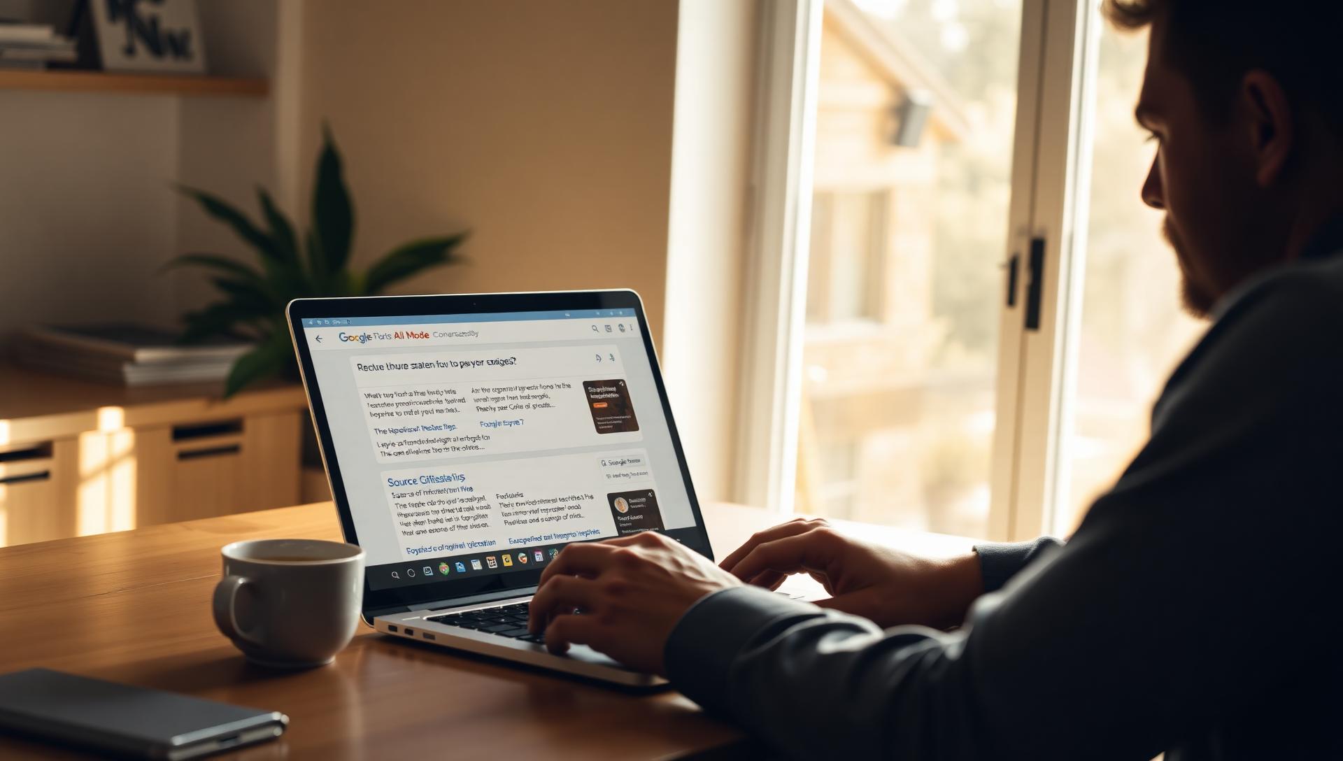 Male SEO strategist working at a sunlit wooden desk on a laptop showing a Google AI Mode conversational search interface with answer cards and source citation chips next to a coffee cup and a small plant