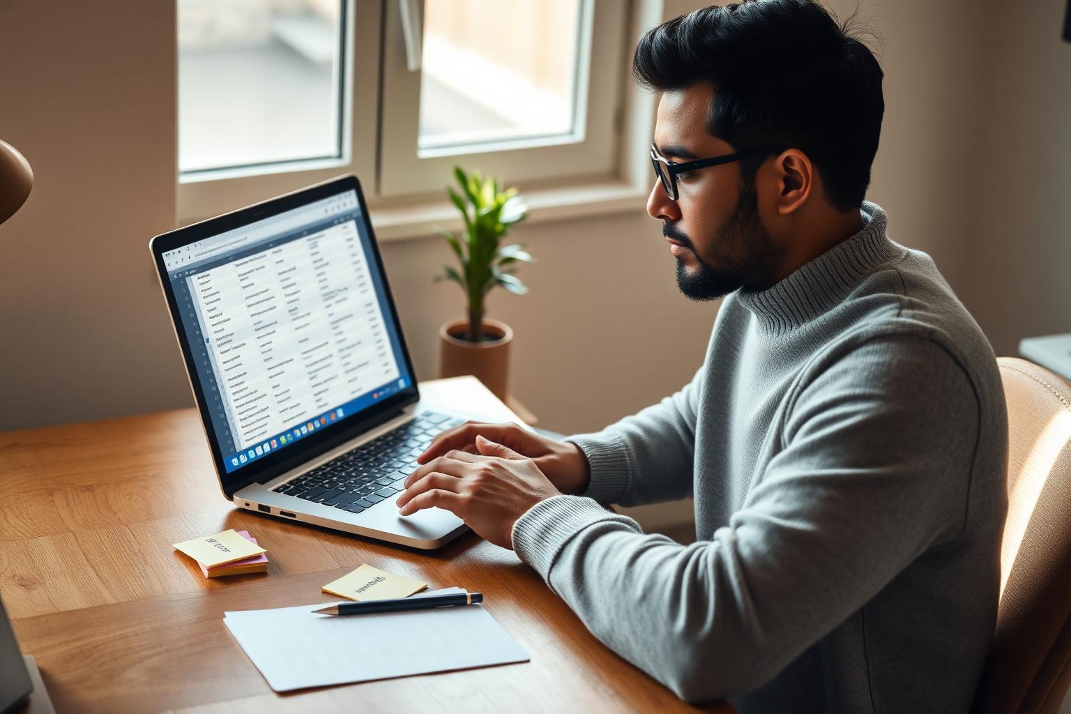 Focused South Asian male SEO researcher in glasses and a soft grey sweater at a wooden desk with laptop open showing a spreadsheet of categorised AI prompts with intent labels and engine columns and sticky notes nearby in soft warm window light