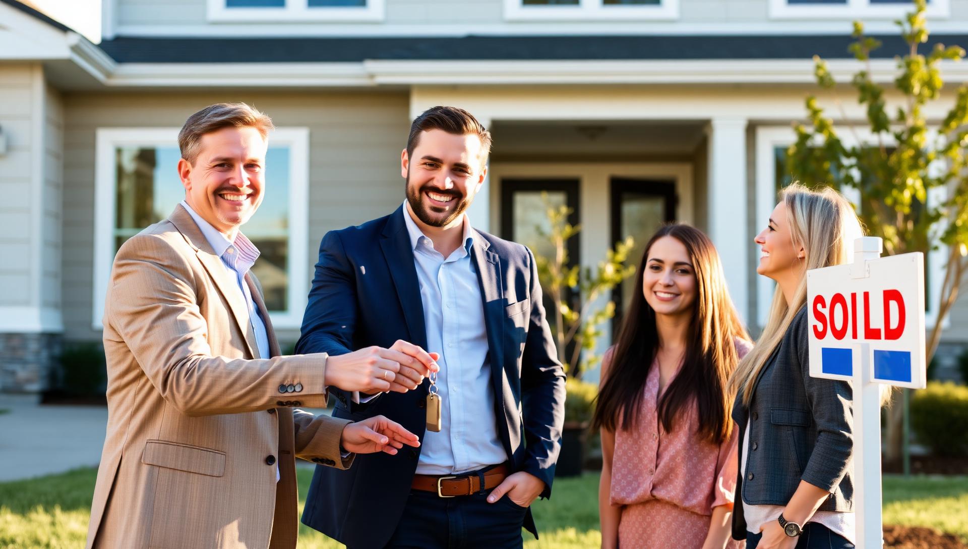 Smiling real estate agent handing house keys to a happy young couple in front of a modern suburban home with a sold sign in the front yard in warm afternoon sunlight