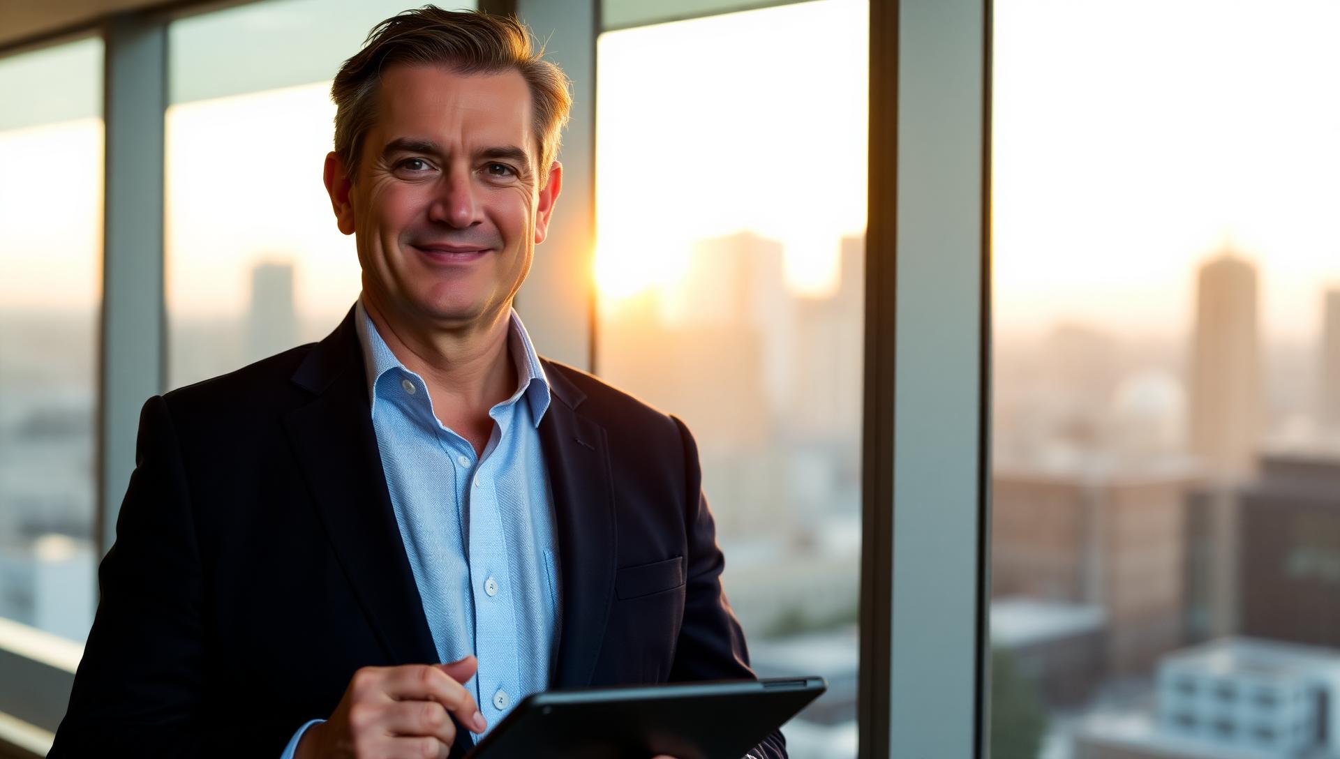 Senior executive in tailored navy suit standing in a glass-walled corner office at golden hour holding a tablet with a city skyline blurred behind