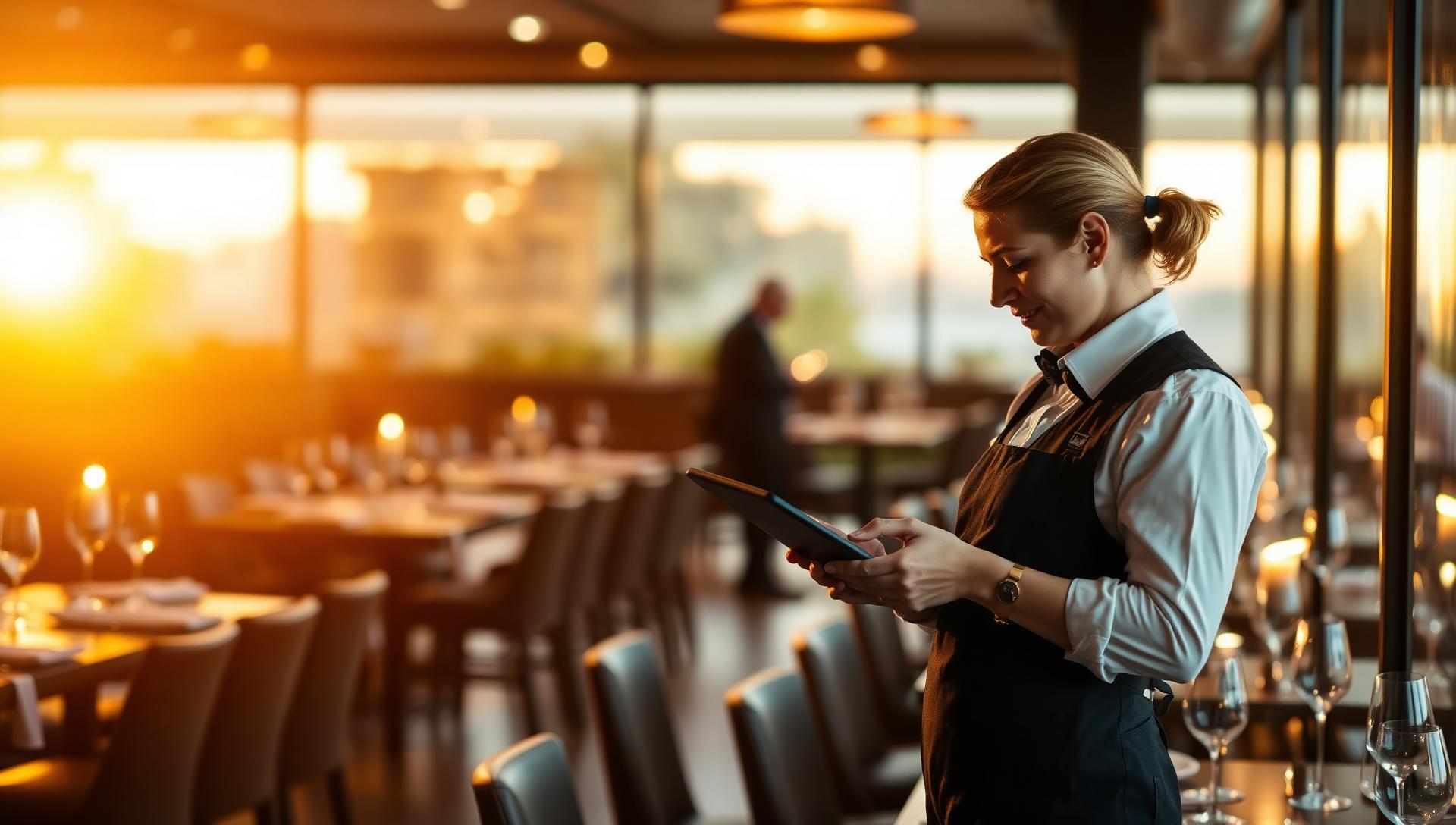 Server in apron checking a tablet inside a warmly lit modern restaurant at golden hour with blurred candlelit dining tables and wine glasses in the background