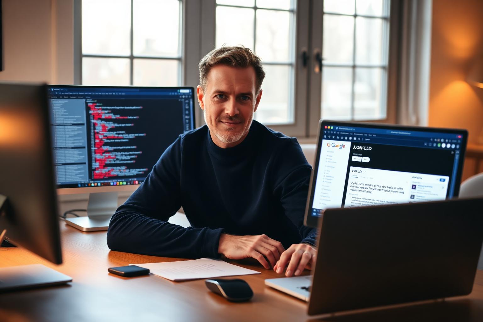 Focused white male technical SEO specialist in a navy crewneck at a wooden desk with two monitors, one showing JSON-LD code in a clean editor and the other showing the Google Rich Results Test interface in soft warm window light