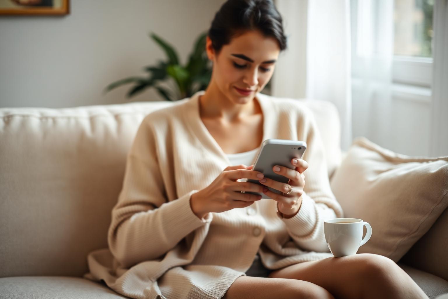 Relaxed white female customer in a soft beige cardigan sitting on a light couch with a smartphone in her hands typing a review in a clean review interface, a small cup of tea on the side table beside her in soft warm window light