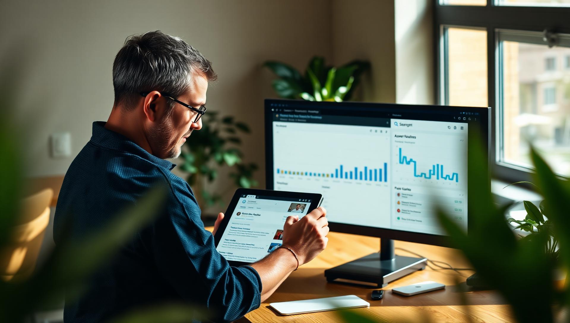 Male SEO analyst at a wooden desk reviewing a tablet showing a zero-click Google results page with answer boxes and a desktop monitor showing organic and branded search analytics dashboards in soft natural light