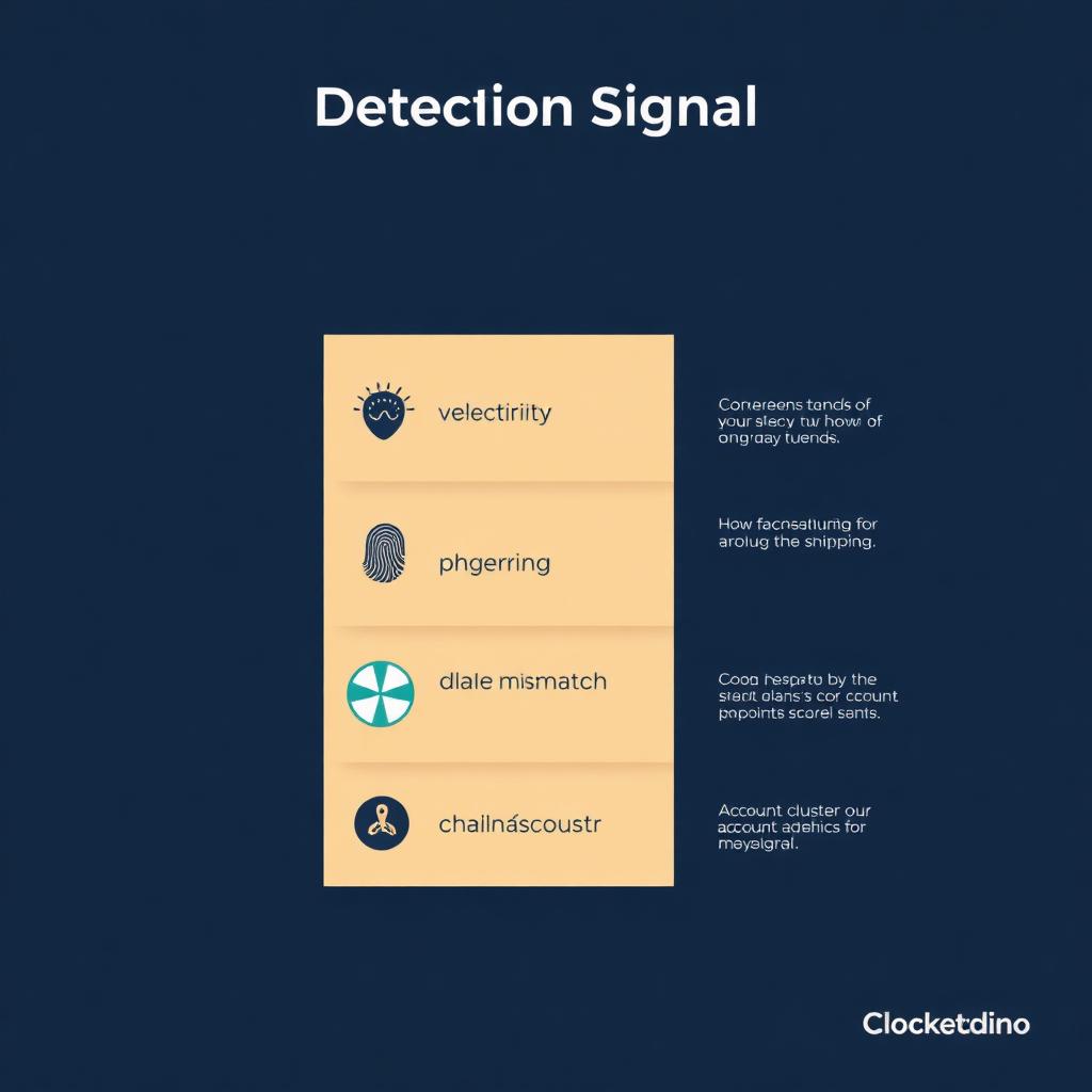 Diagram showing five detection signal cards: velocity, device fingerprint, phrasing patterns, geo mismatch, and account cluster
