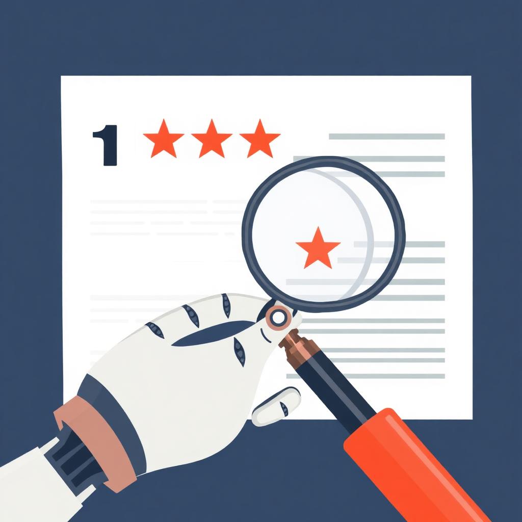 Editorial illustration of a robot hand typing a 1-star review with a magnifying glass hovering over the text