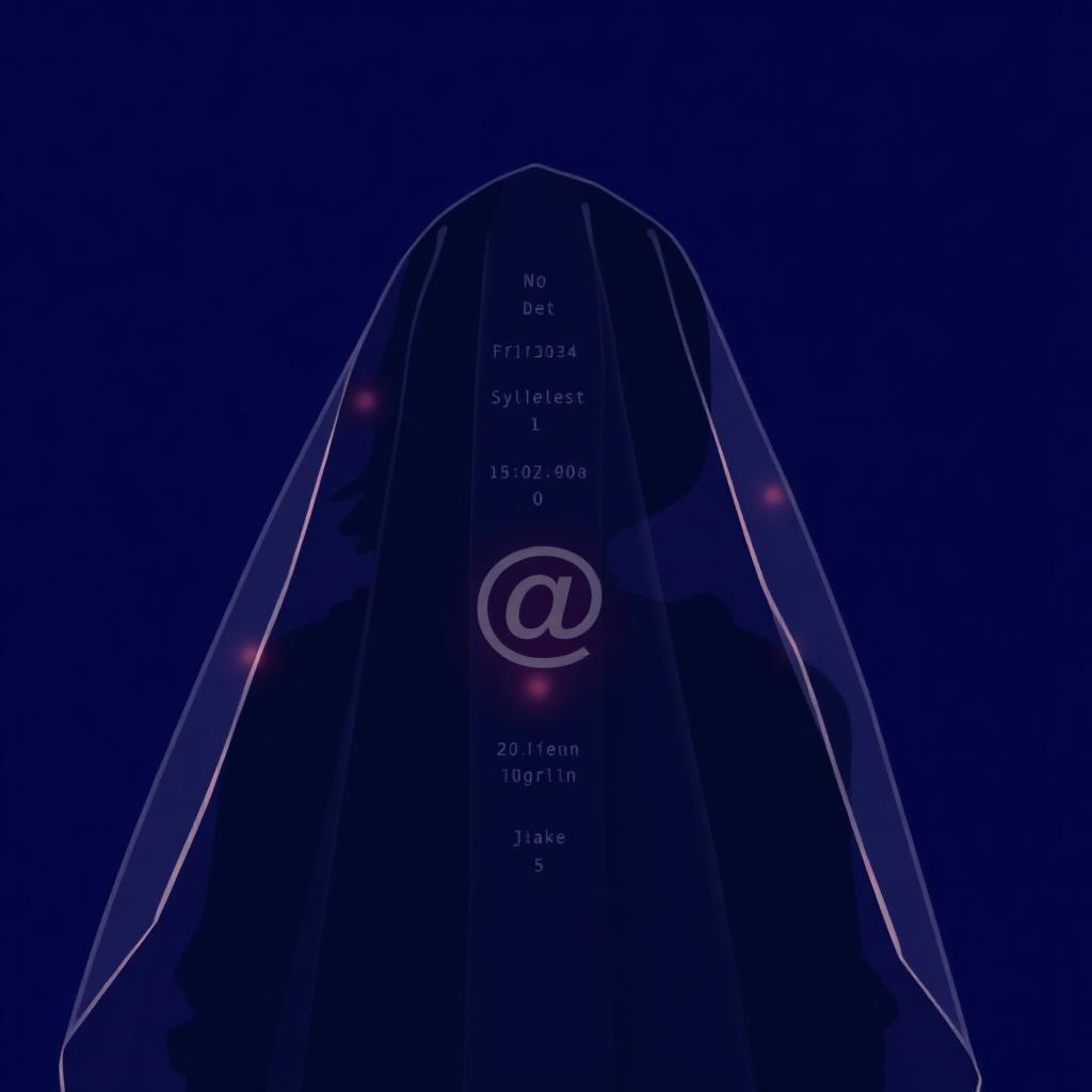 Editorial illustration of a stylized silhouette figure behind a translucent digital veil with data traces visible