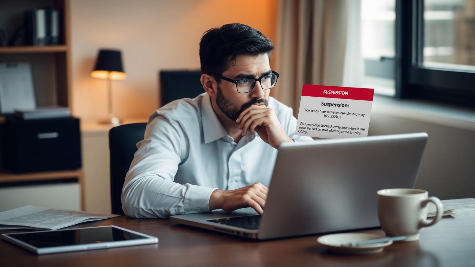 Small business owner sitting at a desk looking worried at a laptop showing a Google Business Profile suspension warning