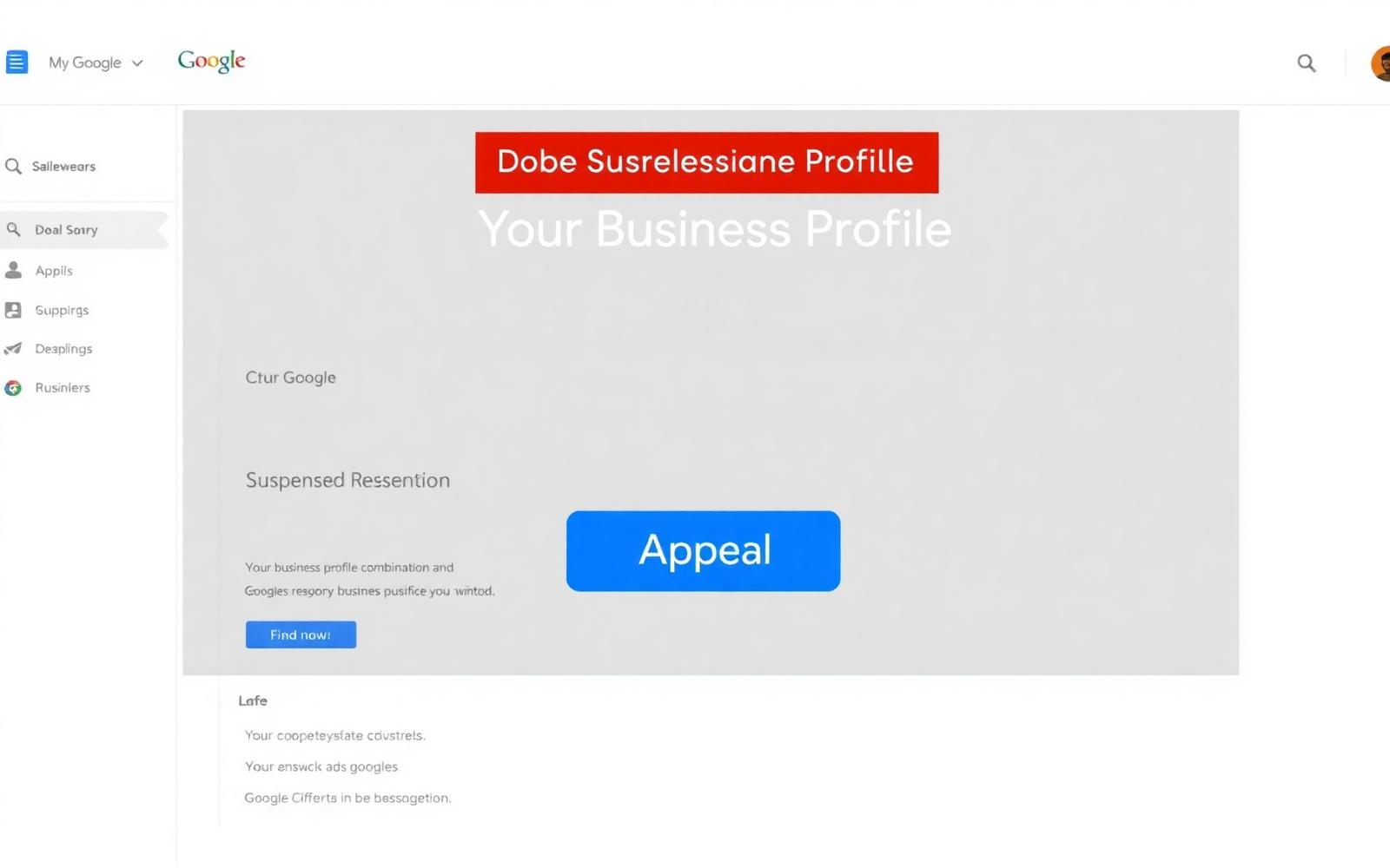 Google Business Profile dashboard showing a red suspension banner and a blue Appeal button