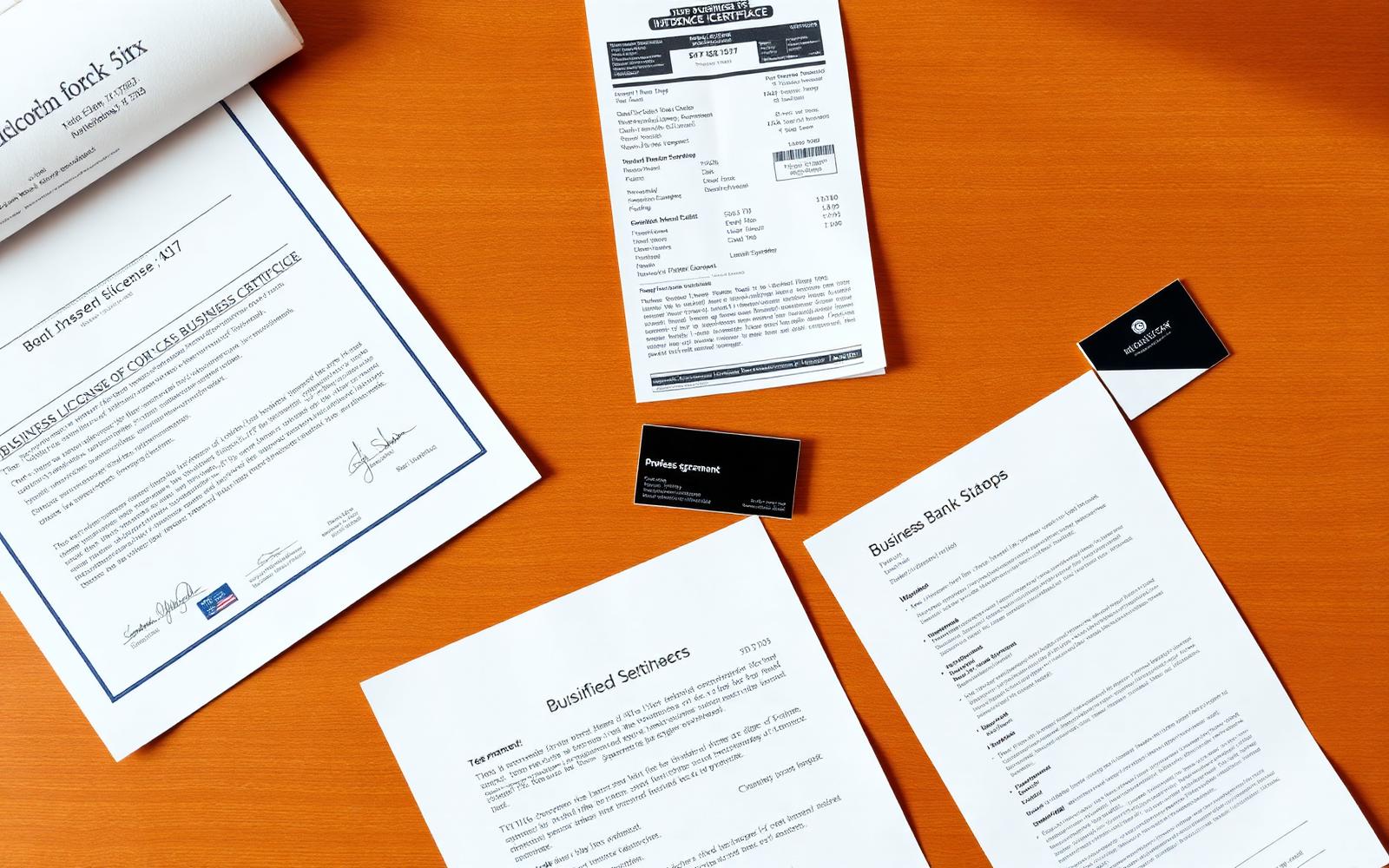 Flat-lay of business verification documents on a wooden desk including a printed business licence, utility bill, lease agreement, and business bank statement