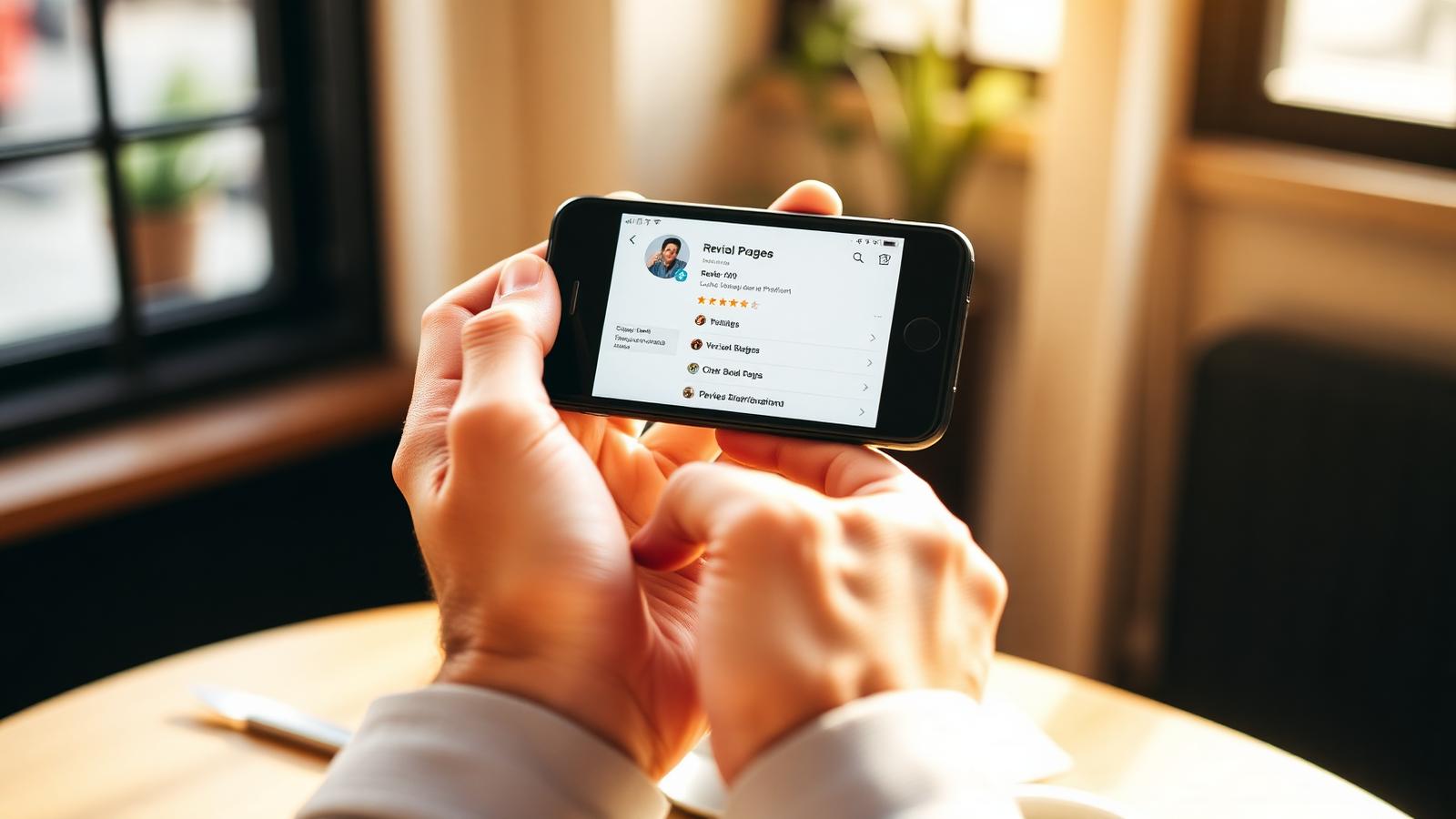 Close-up of hands holding a smartphone showing a Trustpilot-style review profile with star rating, verified badge and review distribution
